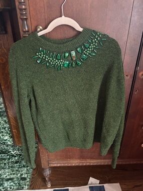 H&M Olive Green Jeweled Crewneck Sweater